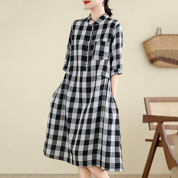 Buddha Stones Plaid Pattern Half Sleeve Cotton Linen Midi Dress With Pockets - image 12