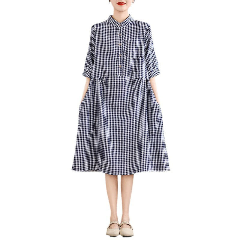 Buddha Stones Plaid Pattern Half Sleeve Cotton Linen Midi Dress With Pockets - image 7