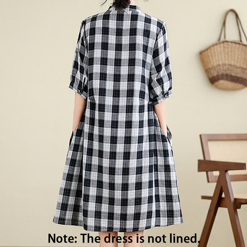 Buddha Stones Plaid Pattern Half Sleeve Cotton Linen Midi Dress With Pockets - image 9
