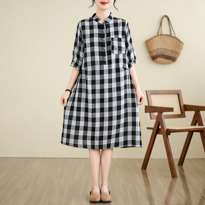 Buddha Stones Plaid Pattern Half Sleeve Cotton Linen Midi Dress With Pockets - Black(large grid) - US8-10，UK/AU12-14，EU40-42 (2XL) - image 8