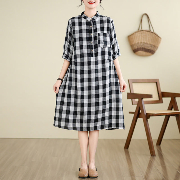 Buddha Stones Plaid Pattern Half Sleeve Cotton Linen Midi Dress With Pockets - Black(large grid) - US8-10，UK/AU12-14，EU40-42 (2XL) - image 8