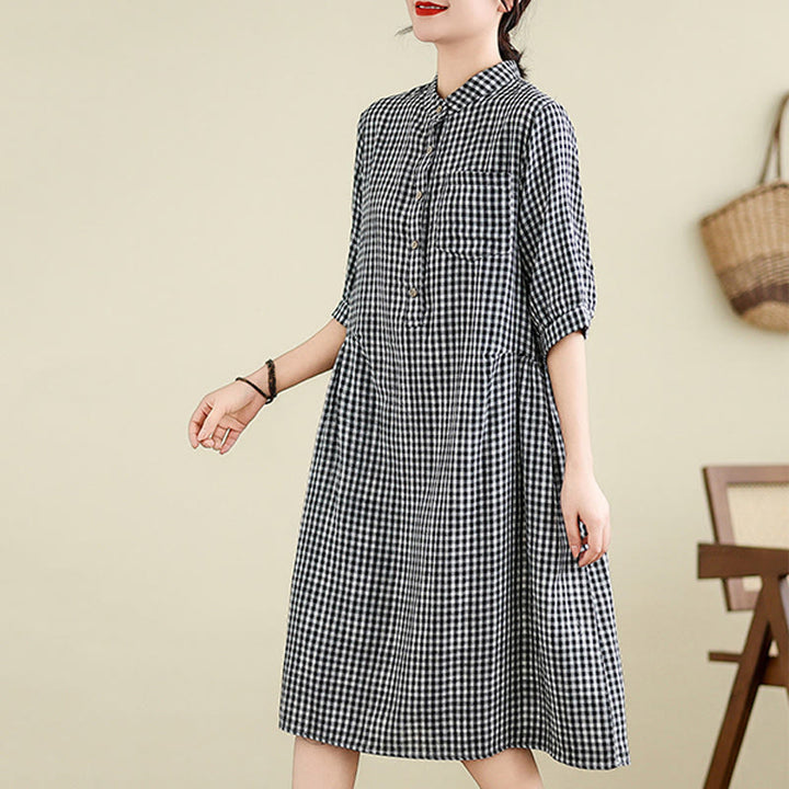 Buddha Stones Plaid Pattern Half Sleeve Cotton Linen Midi Dress With Pockets - image 2