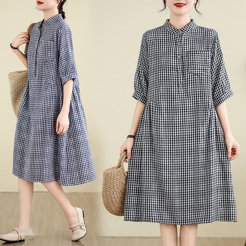 Buddha Stones Plaid Pattern Half Sleeve Cotton Linen Midi Dress With Pockets - image 18
