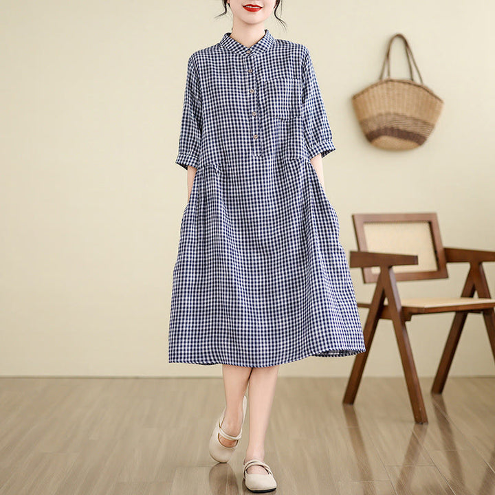 Buddha Stones Plaid Pattern Half Sleeve Cotton Linen Midi Dress With Pockets - image 6