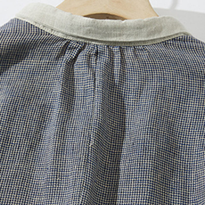 Buddha Stones Commute DimGray Plaid Lantern Long Sleeve Cotton Linen Midi Dress With Pockets - image 4