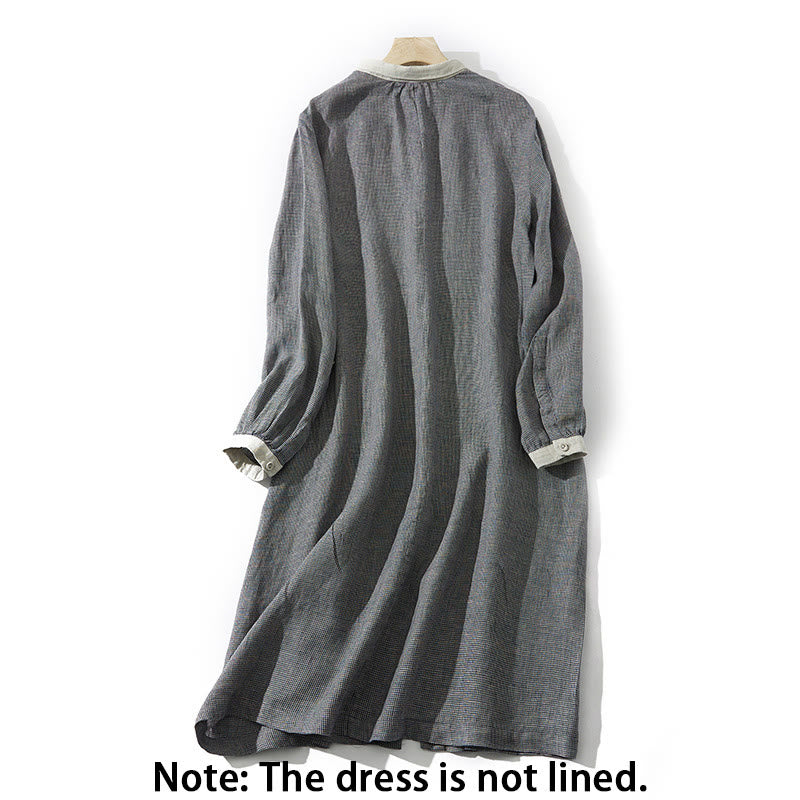 Buddha Stones Commute DimGray Plaid Lantern Long Sleeve Cotton Linen Midi Dress With Pockets - image 2