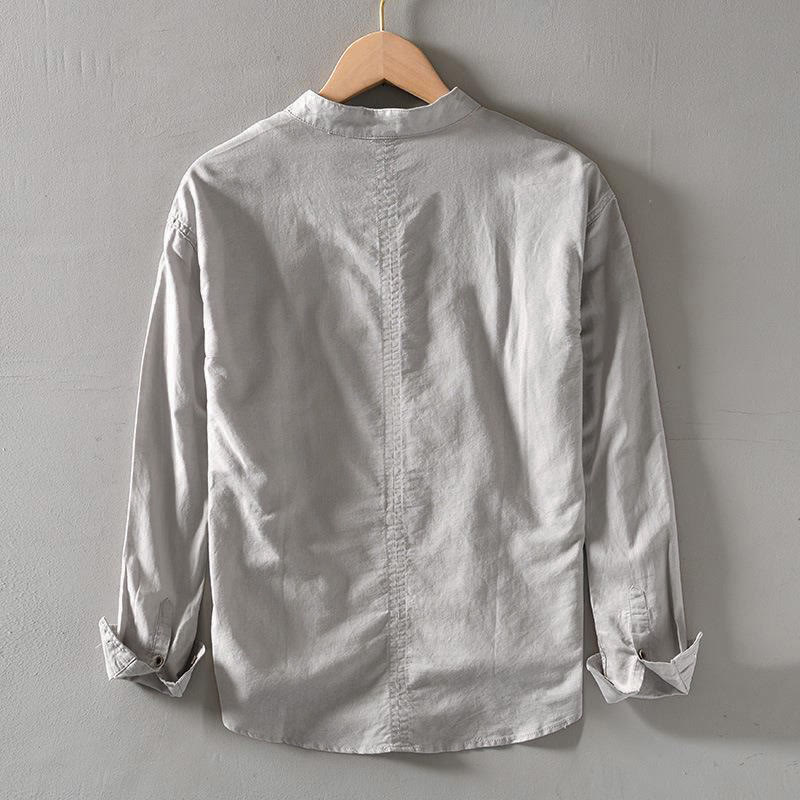 Buddha Stones Solid Color Long Sleeve Half Button Shirt Cotton Linen Men Clothing - image 5