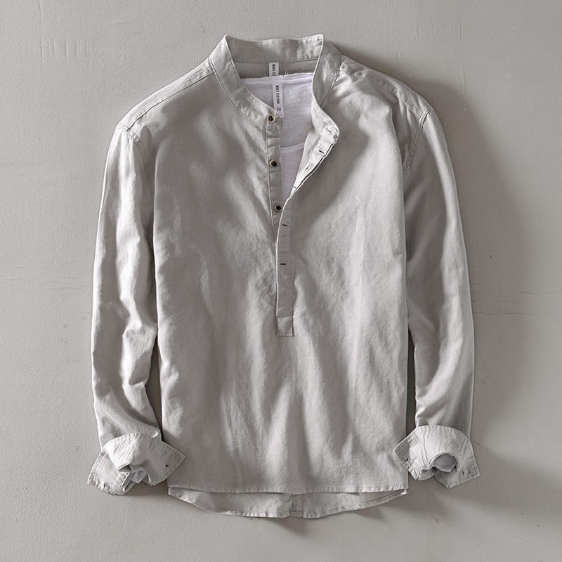 Buddha Stones Solid Color Long Sleeve Half Button Shirt Cotton Linen Men Clothing - Gainsboro - US/UK/AU40，EU50 (2XL) - image 4