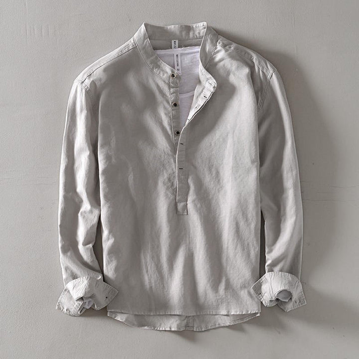 Buddha Stones Solid Color Long Sleeve Half Button Shirt Cotton Linen Men Clothing - Gainsboro - US/UK/AU40，EU50 (2XL) - image 4