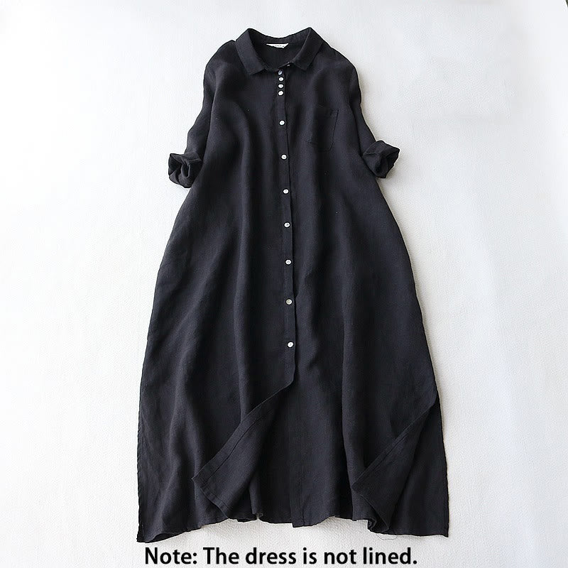 Buddha Stones Buttons Design Lapel Three Quarter Sleeve Cotton Linen Midi Dress With Pockets - image 2