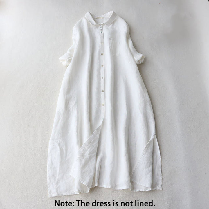 Buddha Stones Buttons Design Lapel Three Quarter Sleeve Cotton Linen Midi Dress With Pockets - image 7