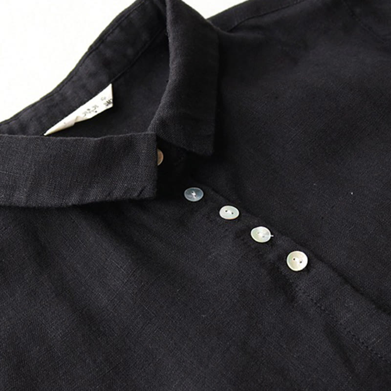 Buddha Stones Buttons Design Lapel Three Quarter Sleeve Cotton Linen Midi Dress With Pockets - image 3