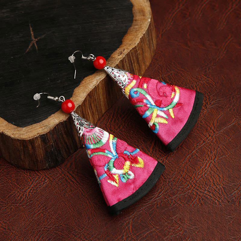 Buddha Stones Handmade Fan-shaped Yi Embroidery Harmony Earrings - Pink(Alloy Posts) - image 3