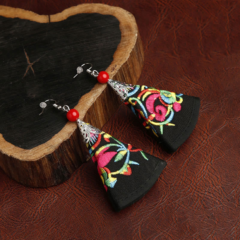 Buddha Stones Handmade Fan-shaped Yi Embroidery Harmony Earrings - Black(Alloy Posts) - image 1