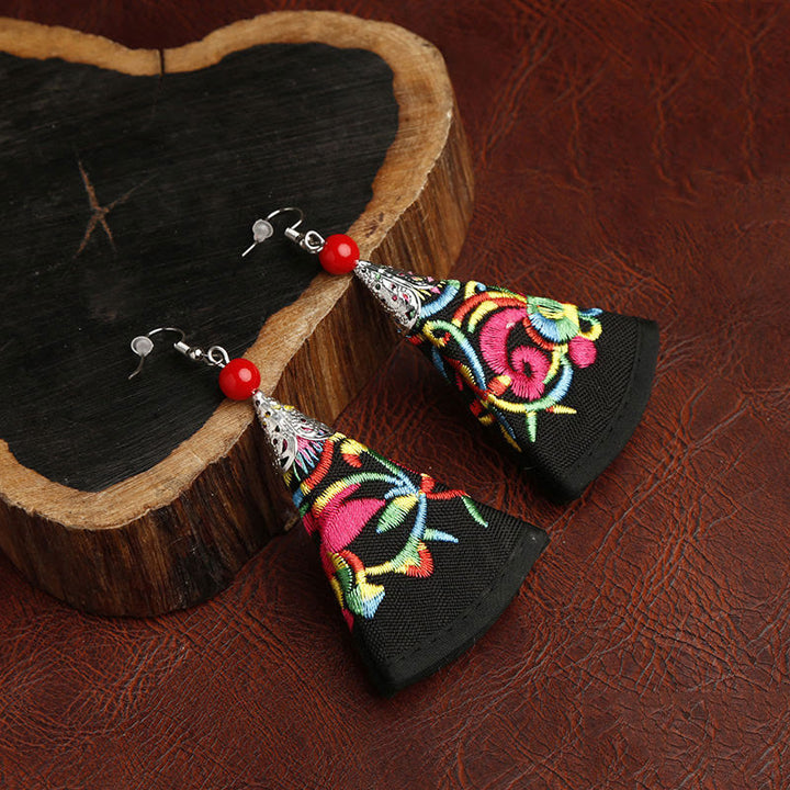 Buddha Stones Handmade Fan-shaped Yi Embroidery Harmony Earrings - Black(Alloy Posts) - image 1