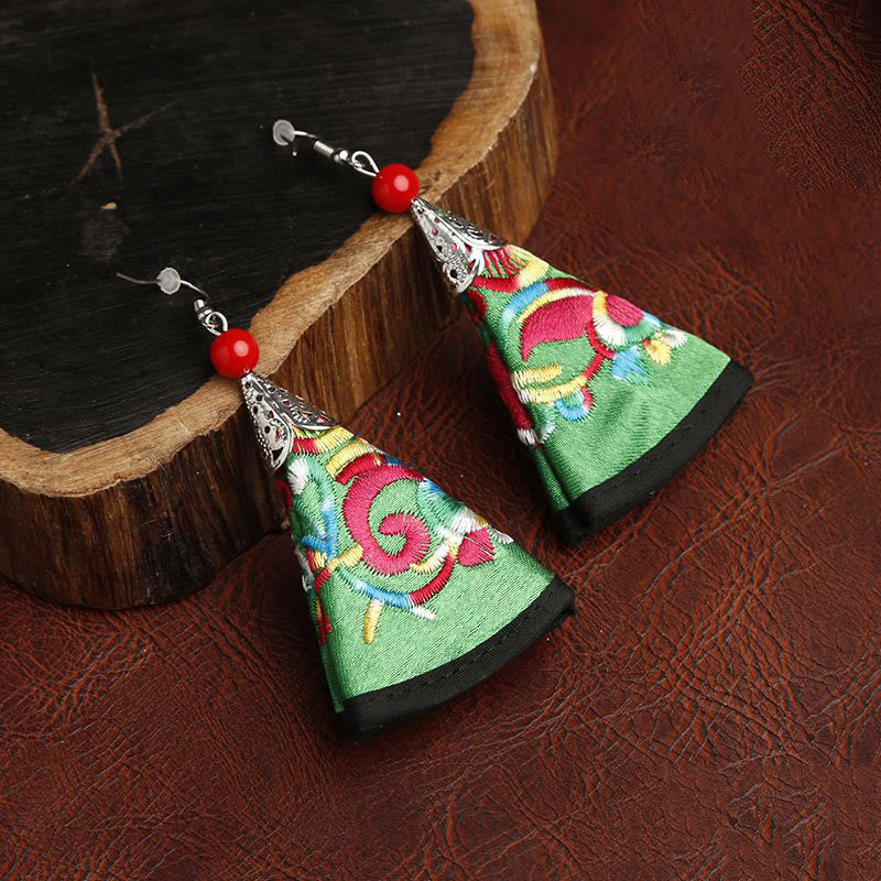 Buddha Stones Handmade Fan-shaped Yi Embroidery Harmony Earrings - Green(Alloy Posts) - image 4
