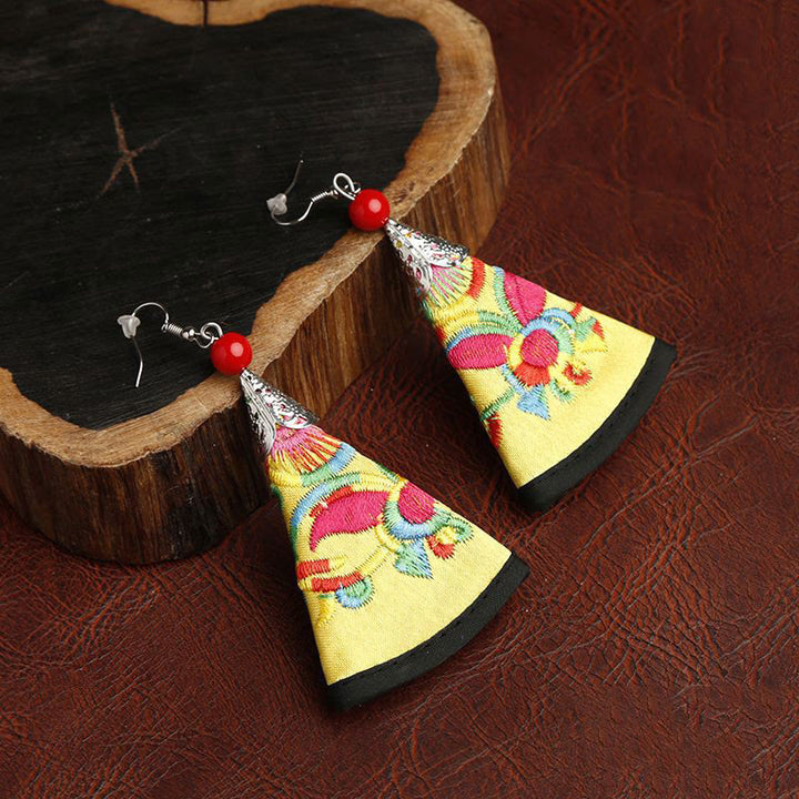 Buddha Stones Handmade Fan-shaped Yi Embroidery Harmony Earrings - Yellow(Alloy Posts) - image 6
