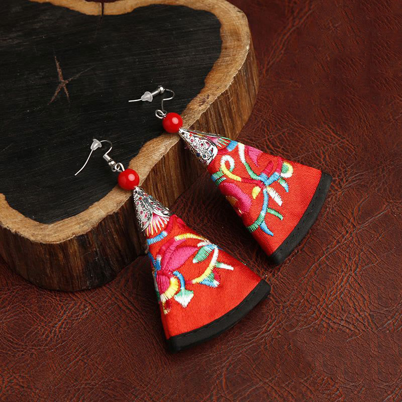 Buddha Stones Handmade Fan-shaped Yi Embroidery Harmony Earrings - Red(Alloy Posts) - image 2