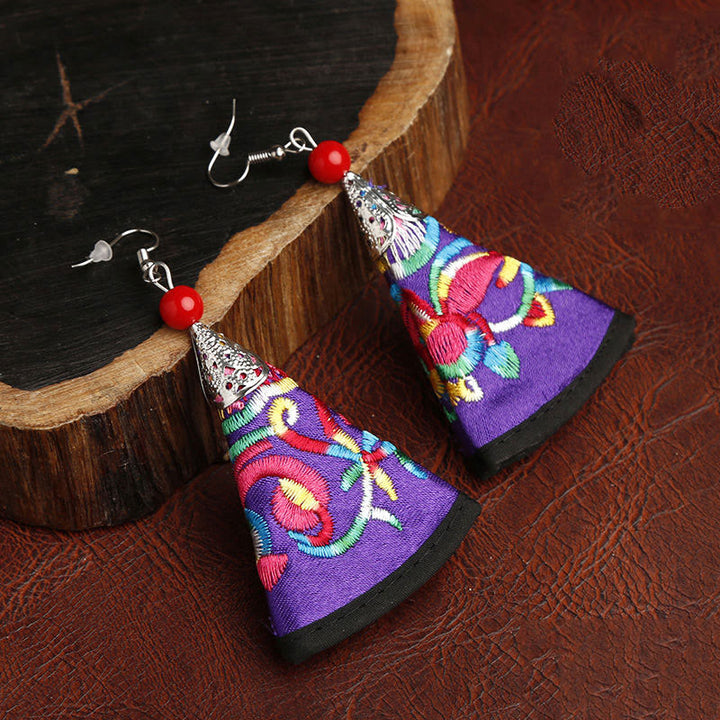 Buddha Stones Handmade Fan-shaped Yi Embroidery Harmony Earrings - Purple(Alloy Posts) - image 5