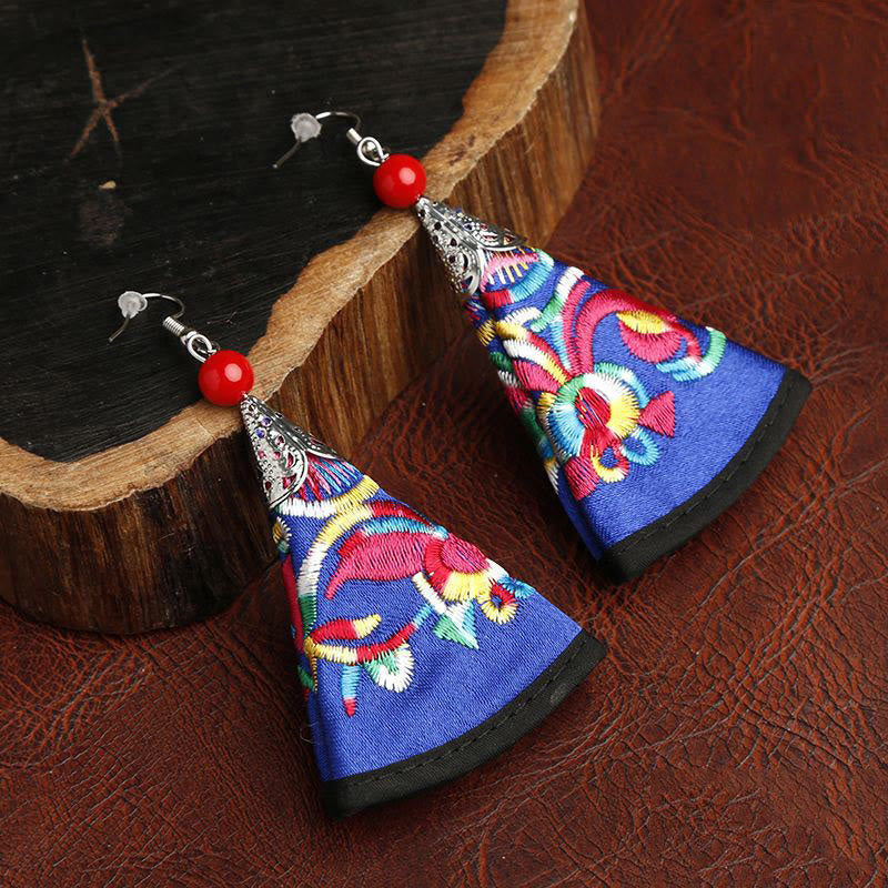 Buddha Stones Handmade Fan-shaped Yi Embroidery Harmony Earrings - Royal Blue(Alloy Posts) - image 7