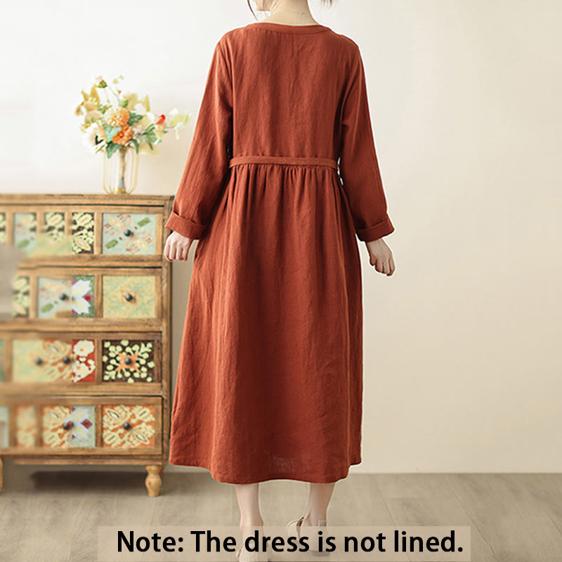 Buddha Stones OrangeRed Lace-Up Design Long Sleeve Cotton Midi Dress With Pockets - image 2