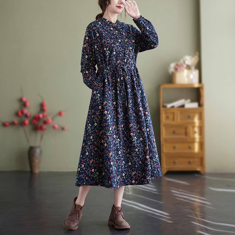 Buddha Stones Ethnic Printing Drawstring Long Sleeve Cotton Linen Midi Dress With Pockets - image 3