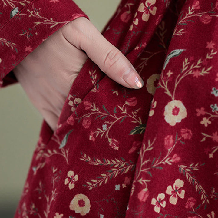 Buddha Stones Ethnic Printing Drawstring Long Sleeve Cotton Linen Midi Dress With Pockets - image 16