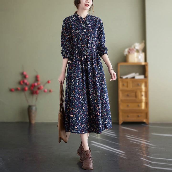Buddha Stones Ethnic Printing Drawstring Long Sleeve Cotton Linen Midi Dress With Pockets - MidnightBlue - US8-10，UK/AU12-14，EU40-42 (2XL) - image 1