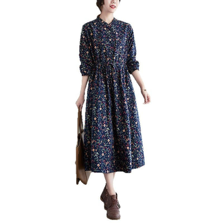 Buddha Stones Ethnic Printing Drawstring Long Sleeve Cotton Linen Midi Dress With Pockets - image 5