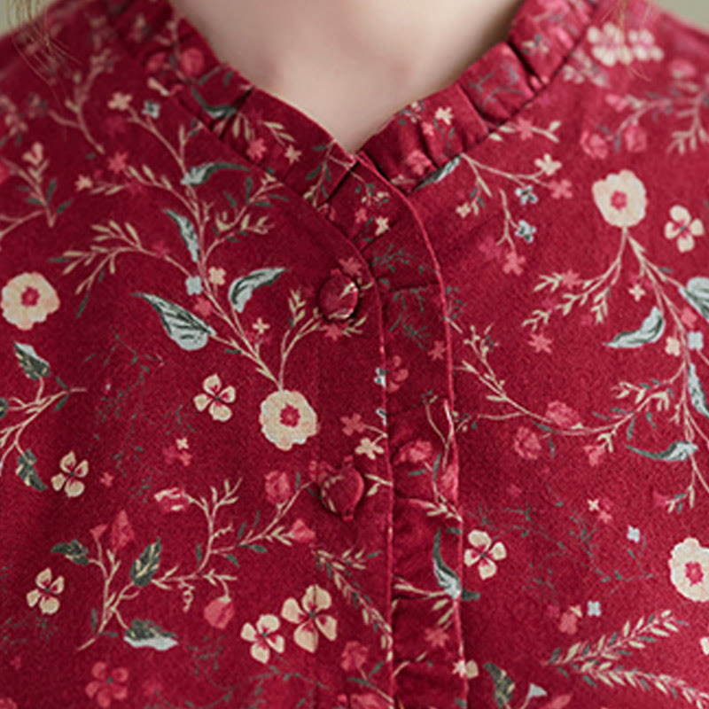 Buddha Stones Ethnic Printing Drawstring Long Sleeve Cotton Linen Midi Dress With Pockets - image 12