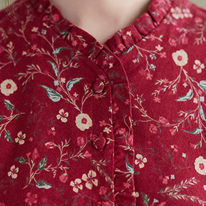 Buddha Stones Ethnic Printing Drawstring Long Sleeve Cotton Linen Midi Dress With Pockets - image 12