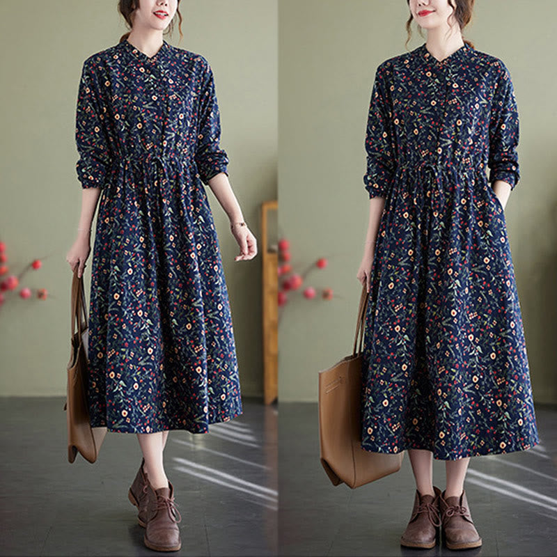 Buddha Stones Ethnic Printing Drawstring Long Sleeve Cotton Linen Midi Dress With Pockets - image 4