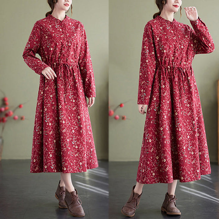 Buddha Stones Ethnic Printing Drawstring Long Sleeve Cotton Linen Midi Dress With Pockets - image 11