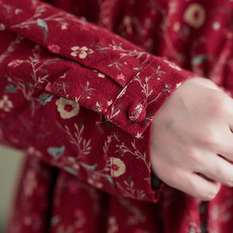 Buddha Stones Ethnic Printing Drawstring Long Sleeve Cotton Linen Midi Dress With Pockets - image 17