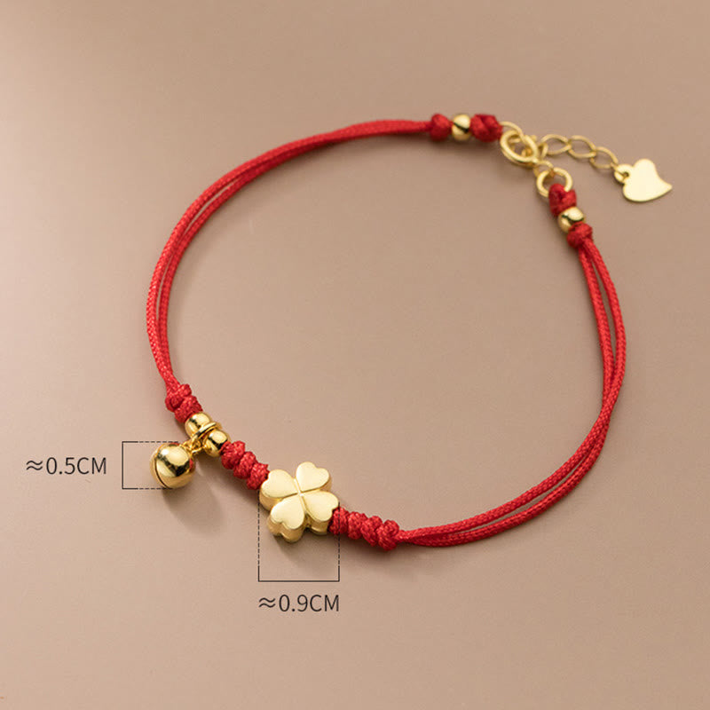 Buddha Stones 925 Sterling Silver Plated Gold Four Leaf Clover Red String Connection Bracelet - image 8