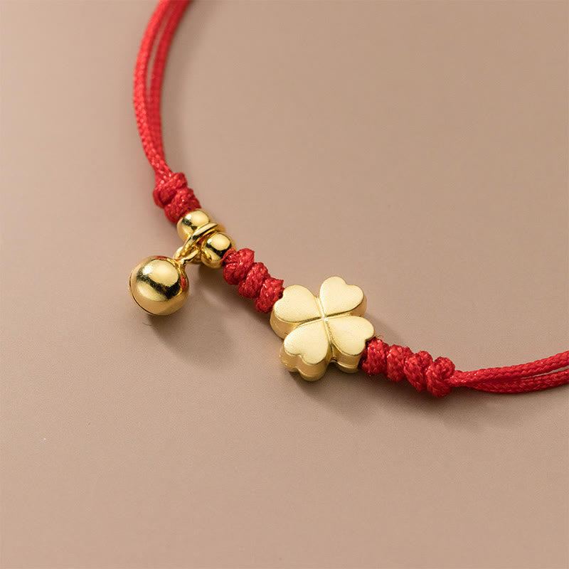 Buddha Stones 925 Sterling Silver Plated Gold Four Leaf Clover Red String Connection Bracelet - image 3