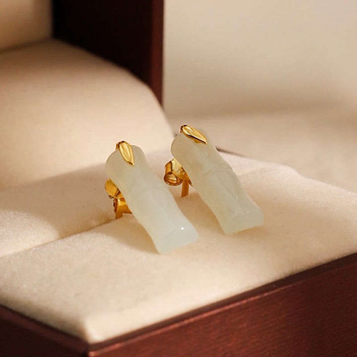 Buddha Stones Bamboo Hetian Jade 925 Sterling Silver Leaf Wealth Earrings - image 4
