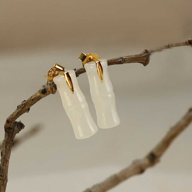 Buddha Stones Bamboo Hetian Jade 925 Sterling Silver Leaf Wealth Earrings - Hetian Jade Polished(925 Sterling Silver Posts) - Long Bamboo Leaves - image 1