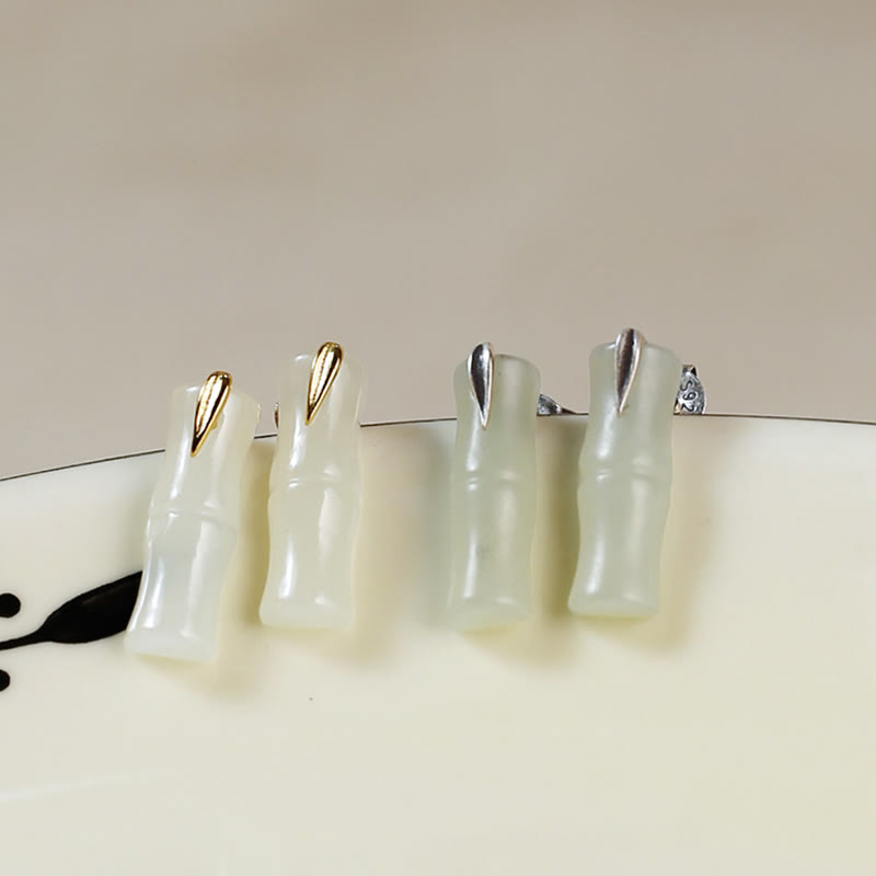 Buddha Stones Bamboo Hetian Jade 925 Sterling Silver Leaf Wealth Earrings - image 14