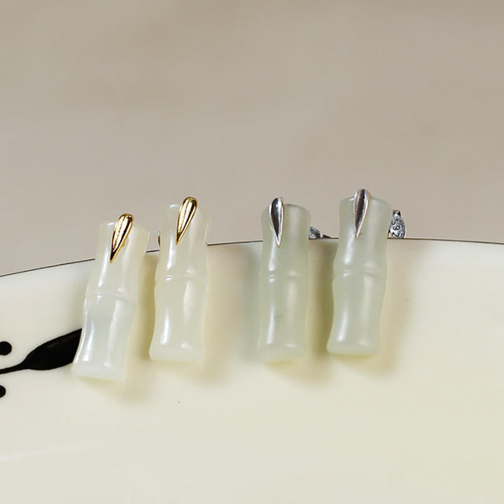 Buddha Stones Bamboo Hetian Jade 925 Sterling Silver Leaf Wealth Earrings - image 14