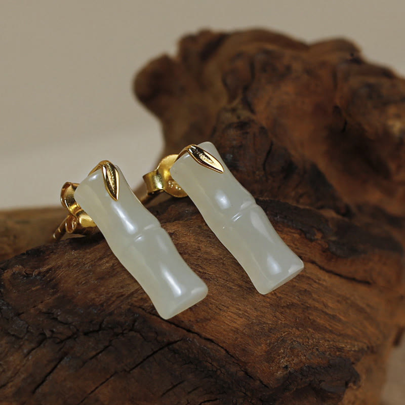 Buddha Stones Bamboo Hetian Jade 925 Sterling Silver Leaf Wealth Earrings - Hetian Jade Polished(925 Sterling Silver Posts) - Short Bamboo Leaves - image 2