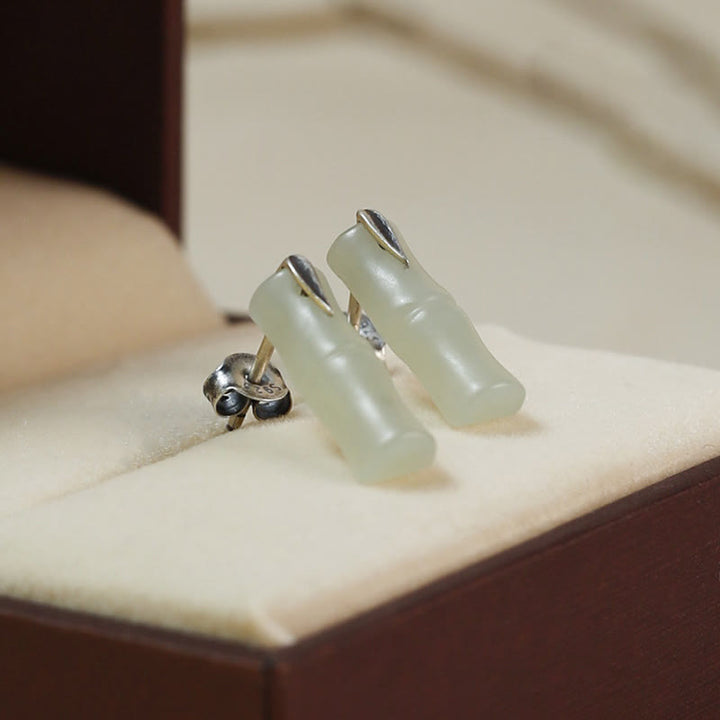 Buddha Stones Bamboo Hetian Jade 925 Sterling Silver Leaf Wealth Earrings - Hetian Jade Matte(925 Sterling Silver Posts) - Long Bamboo Leaves - image 9
