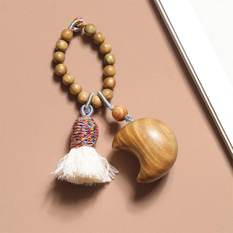 Buddha Stones Natural Green Sandalwood Colored Rope Tassels Star Moon Abundance Key Chain - Moon (29*32mm) - image 5