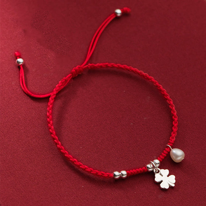 Buddha Stones Retro 925 Sterling Silver Four Leaf Clover Pearl Luck Red String Bracelet - 925 Sterling Silver(Wrist Circumference: 15-18cm) - image 0
