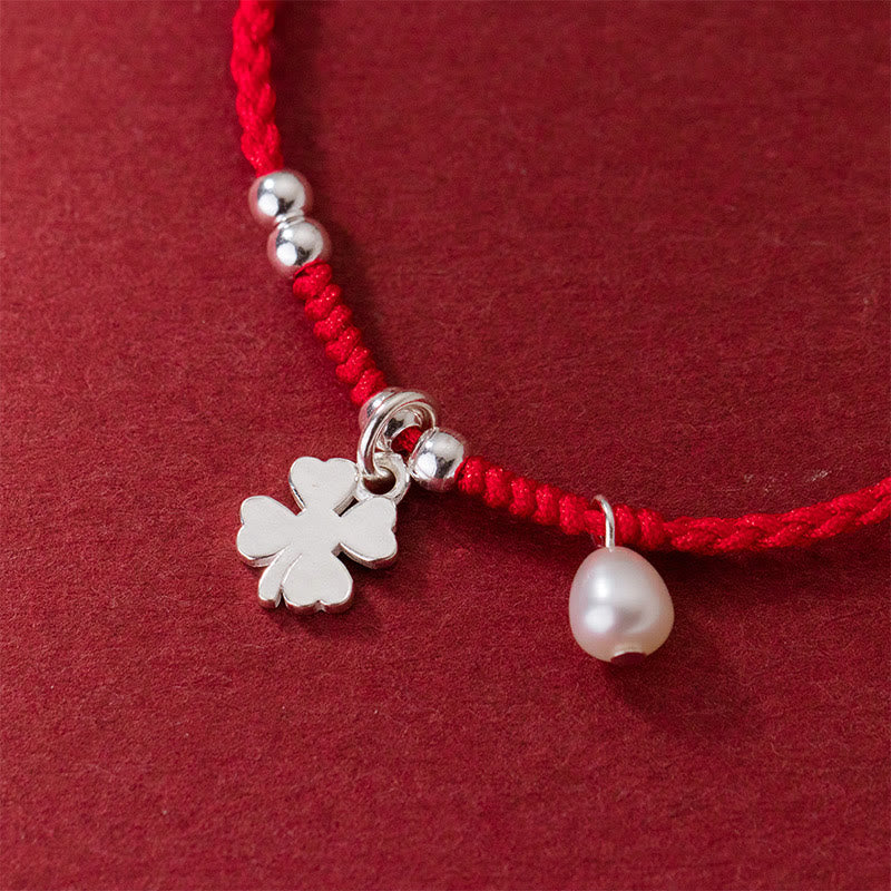 Buddha Stones Retro 925 Sterling Silver Four Leaf Clover Pearl Luck Red String Bracelet - image 3