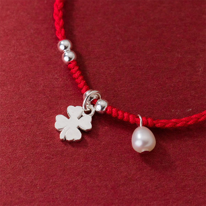 Buddha Stones Retro 925 Sterling Silver Four Leaf Clover Pearl Luck Red String Bracelet - image 3