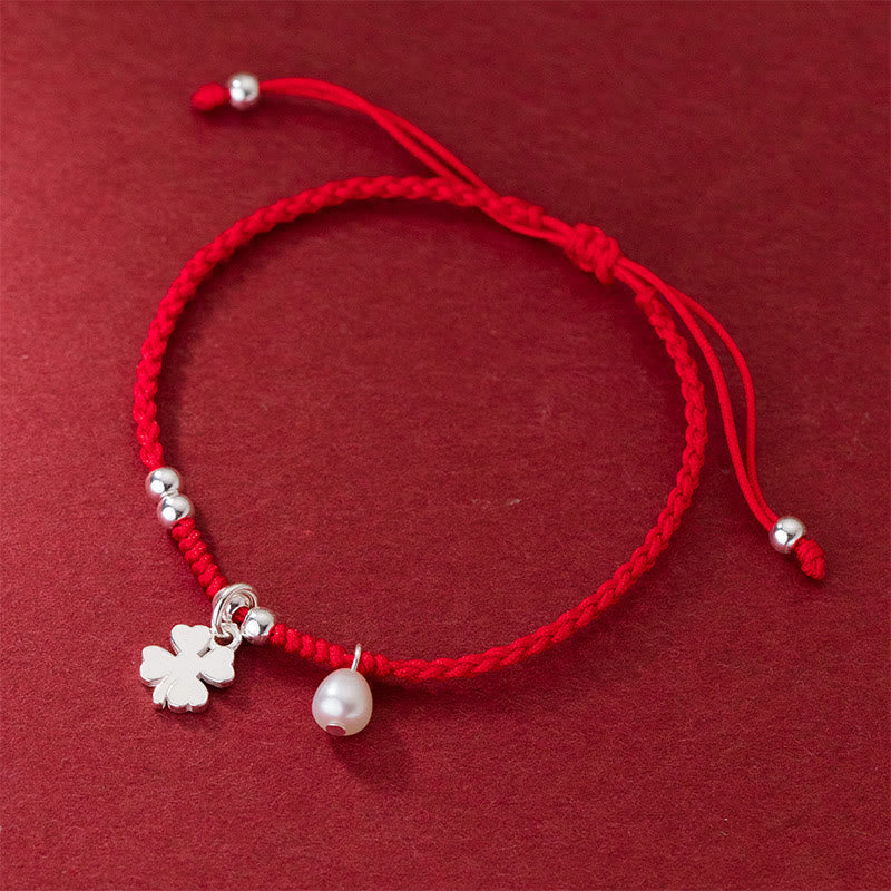 Buddha Stones Retro 925 Sterling Silver Four Leaf Clover Pearl Luck Red String Bracelet - image 1