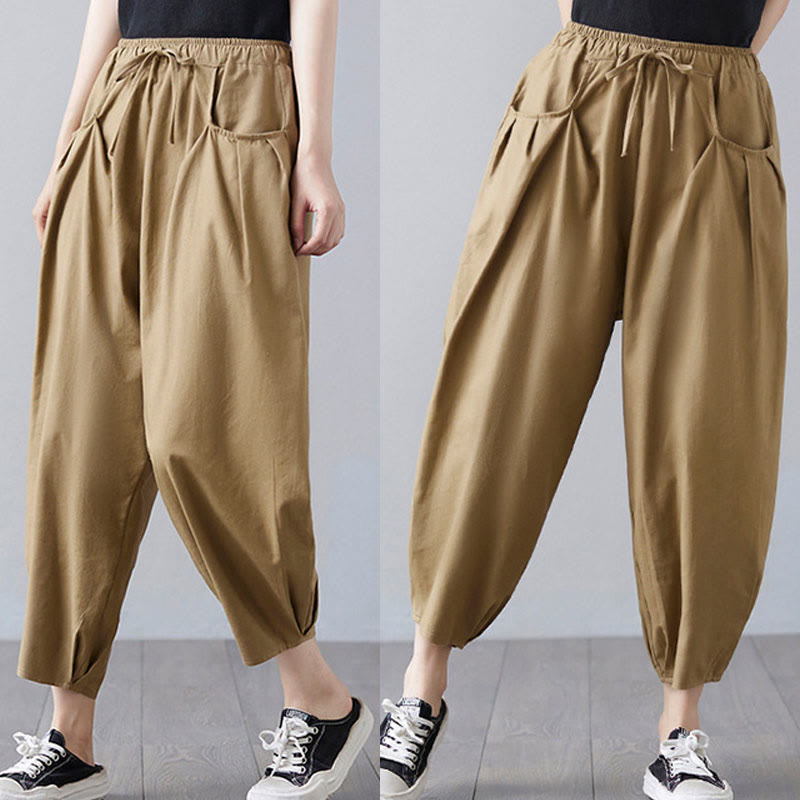 Buddha Stones Summer Plain Cropped Pants Women's Cotton Linen Harem Pants With Pockets - image 6
