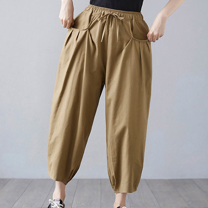 Buddha Stones Summer Plain Cropped Pants Women's Cotton Linen Harem Pants With Pockets - image 5