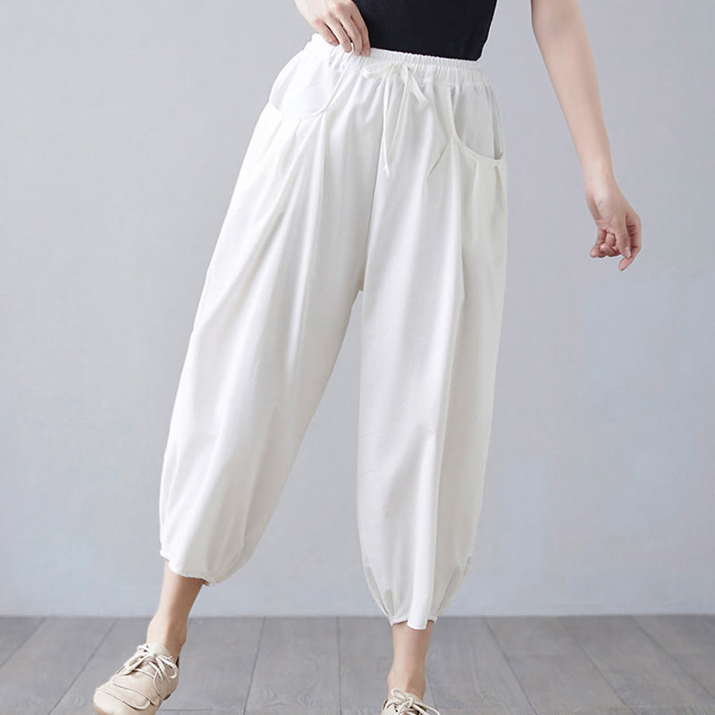 Buddha Stones Summer Plain Cropped Pants Women's Cotton Linen Harem Pants With Pockets - image 8